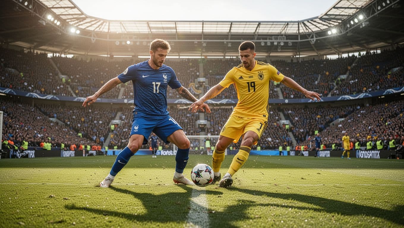 Dua pesepak bola mengenakan seragam biru dan kuning sedang berebut bola di tengah lapangan stadion besar. Sorotan lampu stadion menerangi rumput hijau di bawah langit sore yang cerah dan dinamis.