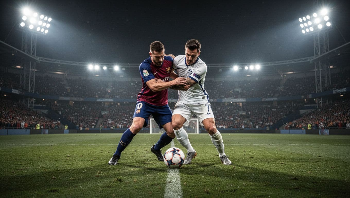 Dua pesepak bola mengenakan seragam berbeda saling beradu fisik memperebutkan bola di tengah lapangan hijau. Cahaya lampu stadion menerangi arena pertandingan yang intens di bawah suasana malam hari yang dramatis.