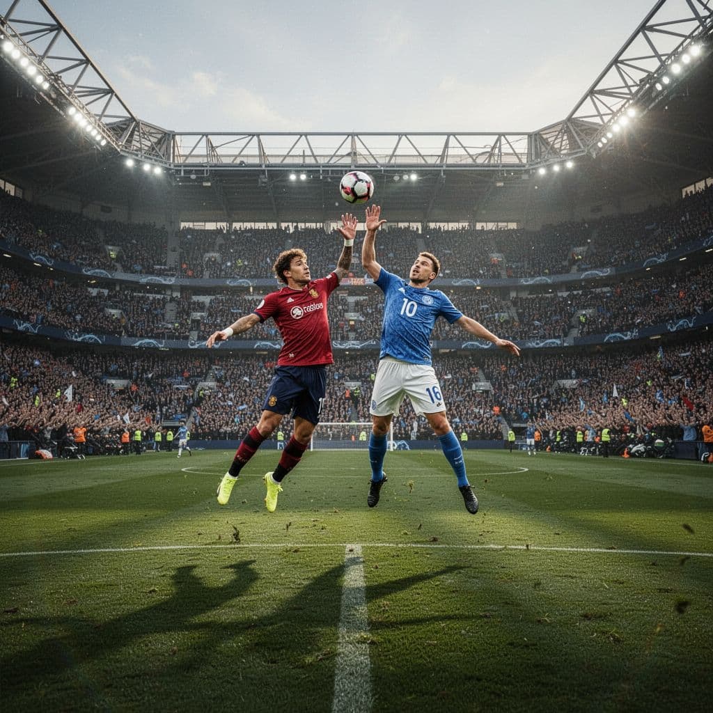 Dua pesepak bola profesional berlari kencang memperebutkan bola di tengah lapangan rumput yang luas. Stadion megah terlihat penuh sesak oleh ribuan penonton di latar belakang dengan pencahayaan matahari sore yang cerah.