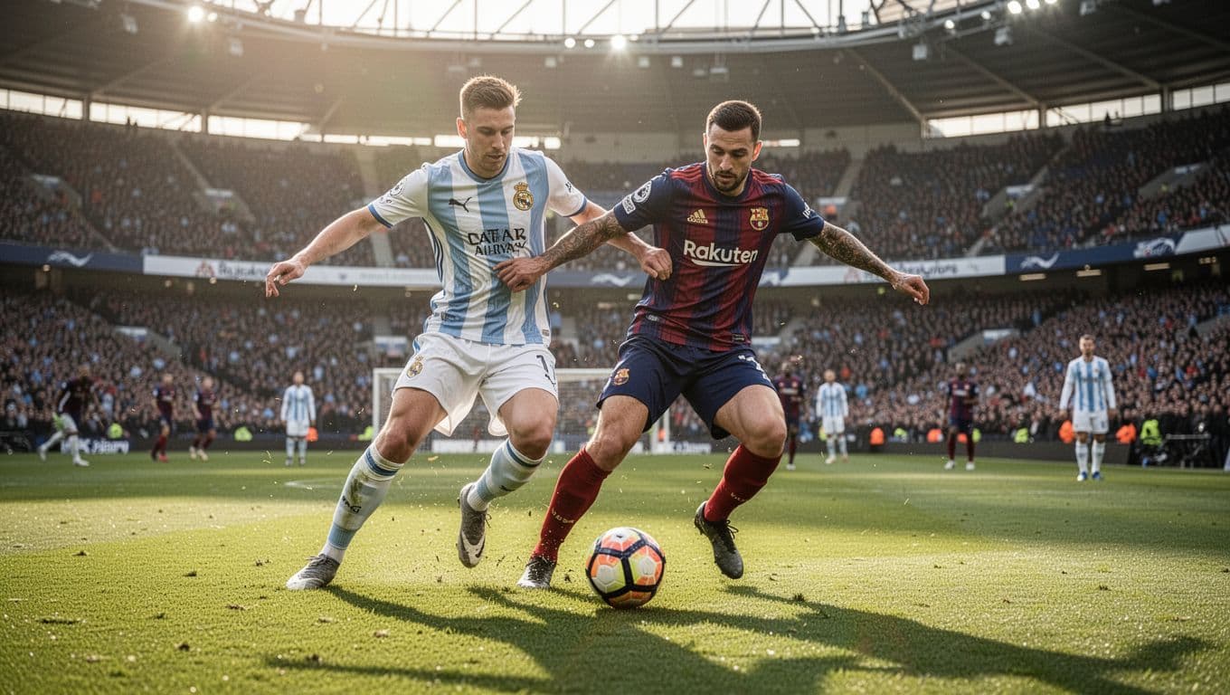 Dua pemain profesional dari tim yang berbeda berebut penguasaan bola di tengah lapangan rumput saat pertandingan siang hari. Latar belakang stadion yang penuh penonton menambah suasana kompetisi sepak bola yang intens.