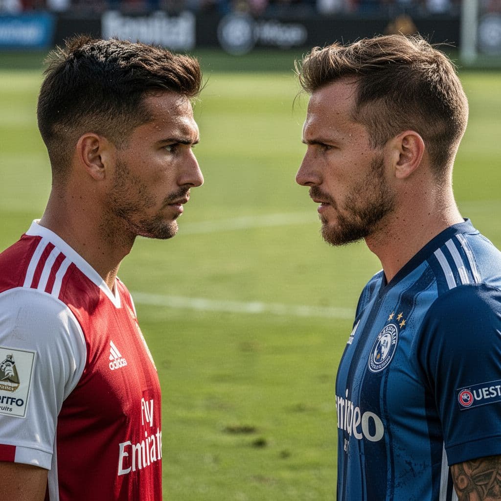 Dua pemain sepak bola dari tim berbeda saling berhadapan dengan ekspresi wajah penuh konsentrasi di tengah lapangan rumput. Cahaya matahari terang menyinari detail seragam dan rumput hijau di sekeliling mereka.