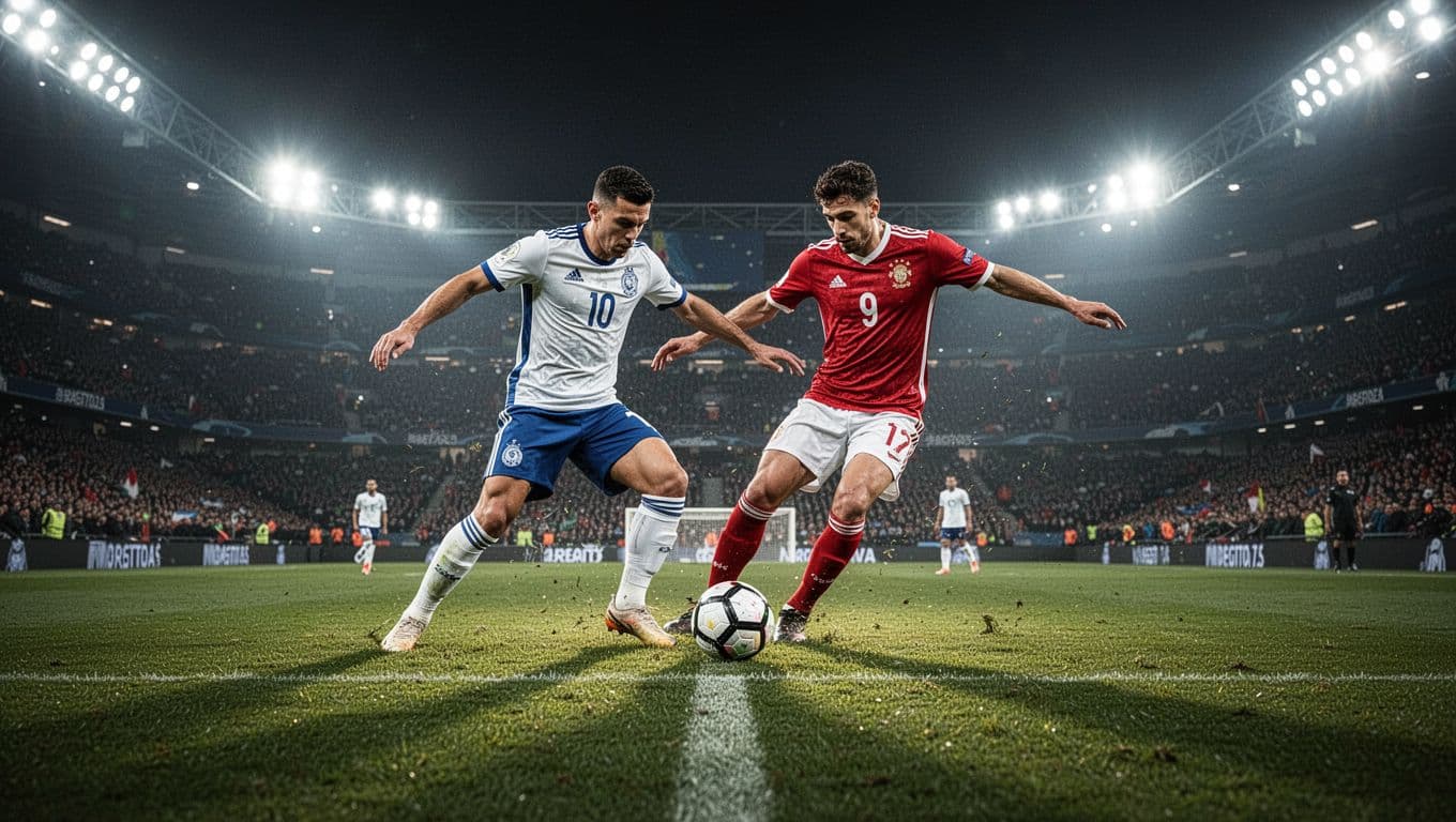 Dua pemain nasional bersaing memperebutkan bola di tengah lapangan stadion saat malam hari. Lampu sorot stadion yang terang menciptakan bayangan tajam pada rumput hijau serta menonjolkan aksi fisik yang sangat intens.