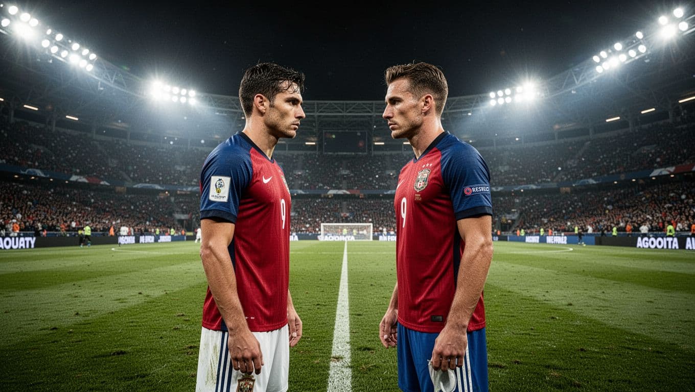 Dua pemain sepak bola dengan seragam berbeda berhadapan di tengah lapangan stadion saat malam hari. Lampu stadion yang terang menyinari wajah mereka yang menunjukkan ekspresi serius serta determinasi tinggi sebelum pertandingan.