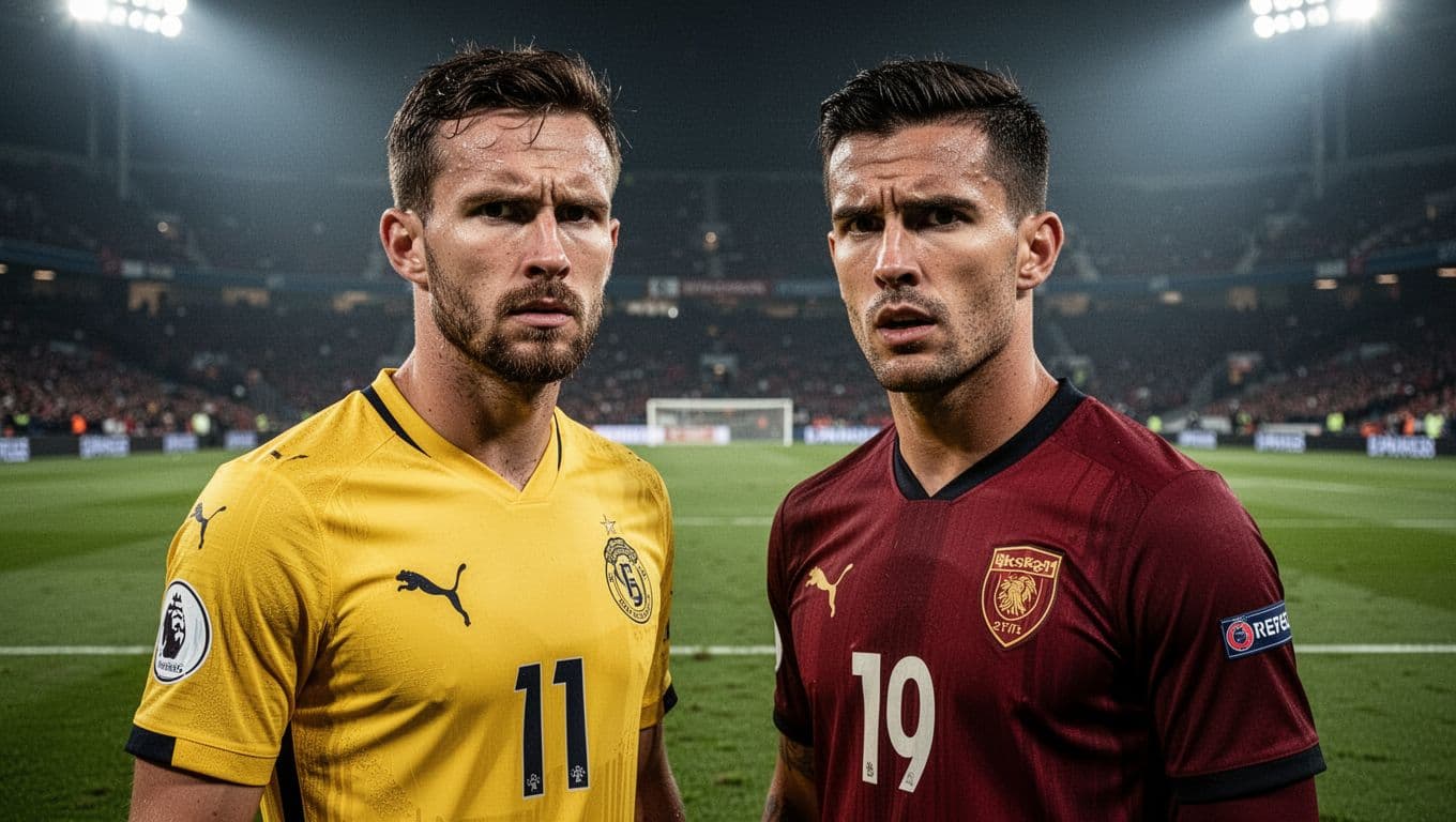 Pemain dengan jersey kuning dan merah berdiri berhadapan di lapangan hijau saat pertandingan sengit. Ekspresi fokus terlihat jelas di wajah mereka dengan latar belakang pencahayaan stadion yang sangat dramatis dan intens.