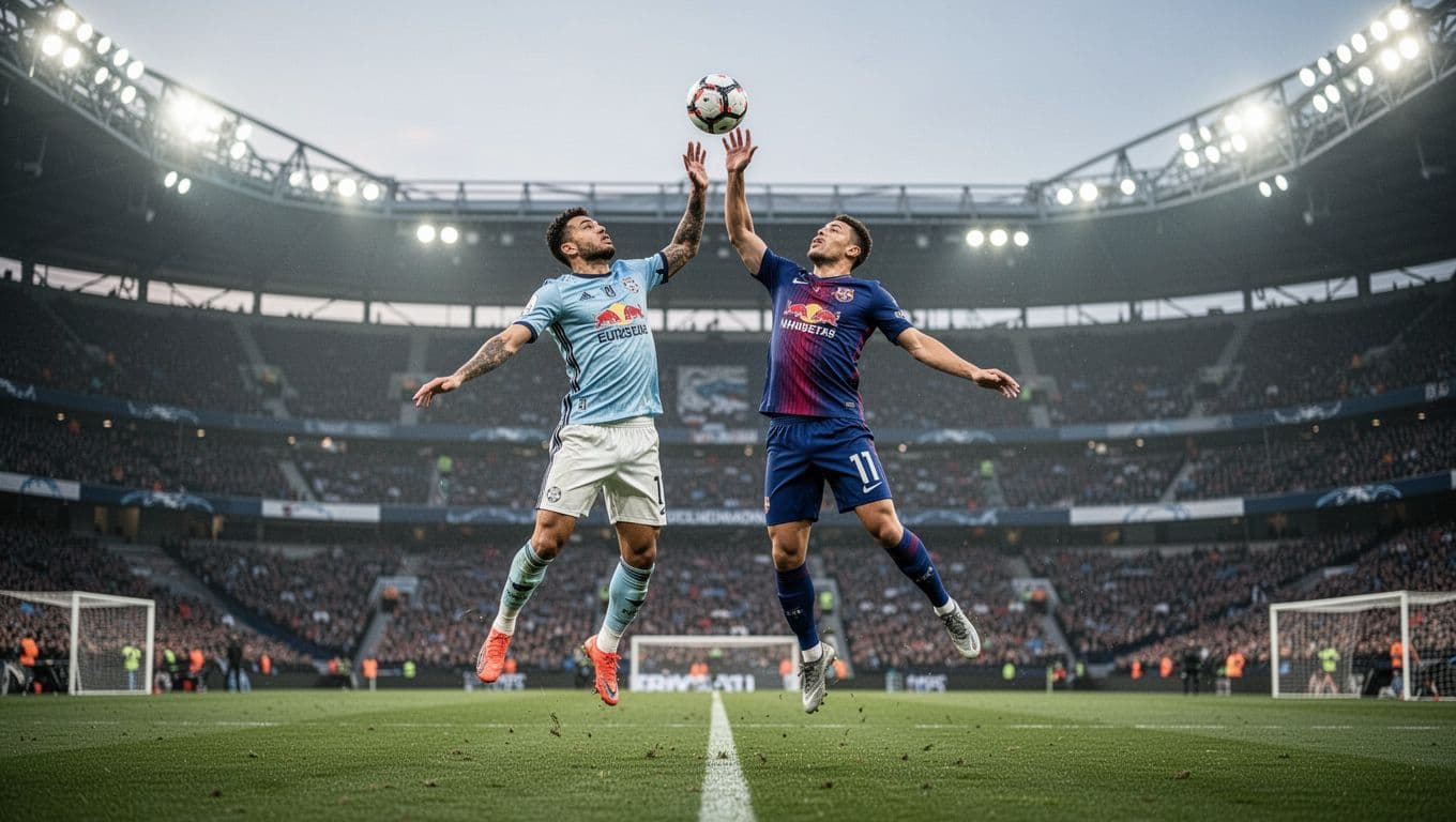 Dua pemain profesional mengenakan seragam berbeda saling berebut penguasaan bola di area tengah lapangan. Foto aksi ini menyoroti intensitas fisik atlet saat beradu ketangkasan di bawah pencahayaan alami yang cerah.
