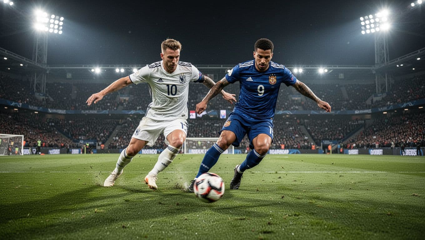 Dua pemain sepak bola dari tim nasional yang berbeda beradu fisik memperebutkan bola di tengah lapangan hijau. Cahaya stadion yang terang benderang menyinari aksi dinamis kedua atlet tersebut saat malam hari.