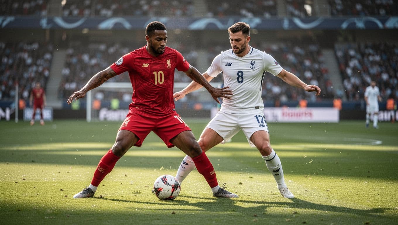 Dua pemain profesional bersaing ketat memperebutkan bola di tengah lapangan hijau stadion besar. Pemain berbaju merah dan putih saling beradu fisik di bawah pencahayaan alami yang cerah dengan latar belakang tribun penonton.