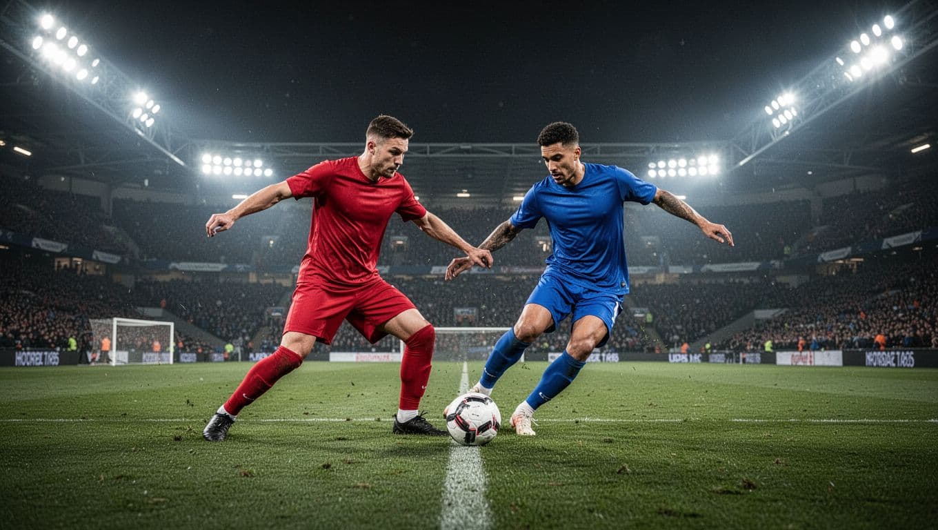 Dua pemain profesional mengenakan seragam merah dan biru saling berebut bola di lapangan hijau. Lampu stadion yang terang benderang menerangi aksi mereka di tengah kegelapan malam dengan sangat dramatis dan intens.