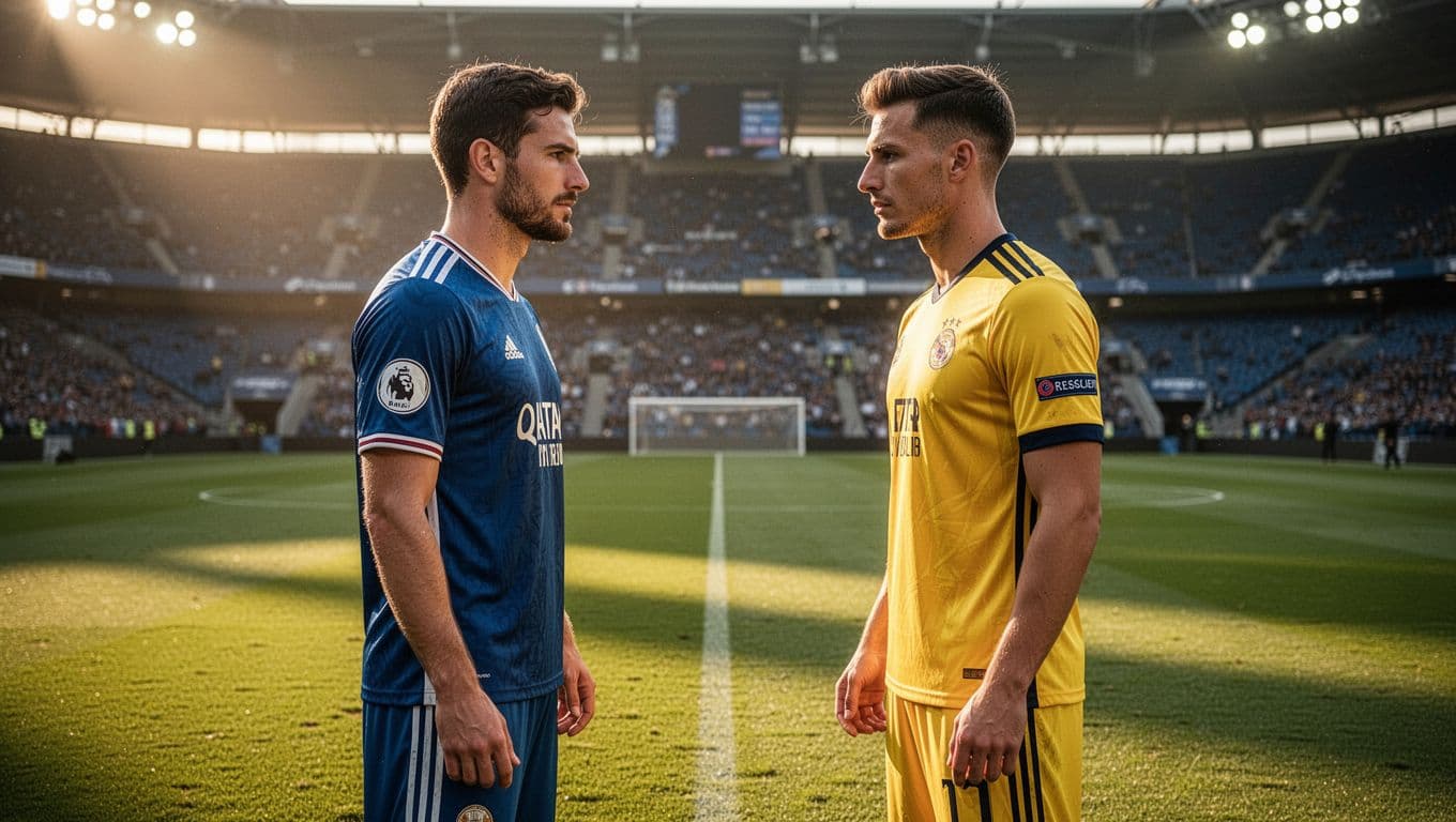 Dua pemain profesional mengenakan jersey biru dan kuning berdiri berhadapan di tengah lapangan hijau stadion besar. Pencahayaan sore hari yang dramatis menonjolkan ekspresi ketegangan mereka sebelum pertandingan besar dimulai.
