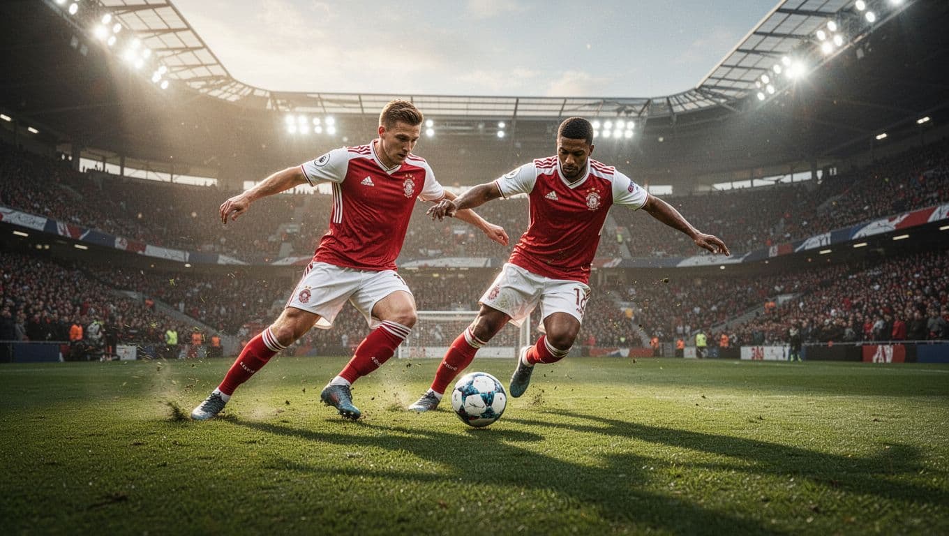 Dua pemain dengan jersey merah dan putih sedang memperebutkan bola di tengah lapangan hijau stadion profesional. Pencahayaan terang menyoroti aksi intens saat mereka bersaing ketat demi menguasai bola di lapangan.