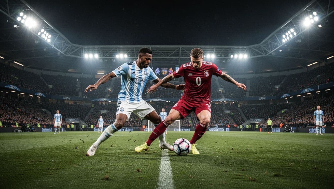 Dua pemain profesional bersaing ketat merebut bola di tengah lapangan stadion modern. Sorotan lampu sorot yang terang benderang menerangi arena pertandingan dengan atmosfer malam yang begitu intens dan penuh energi kompetitif.