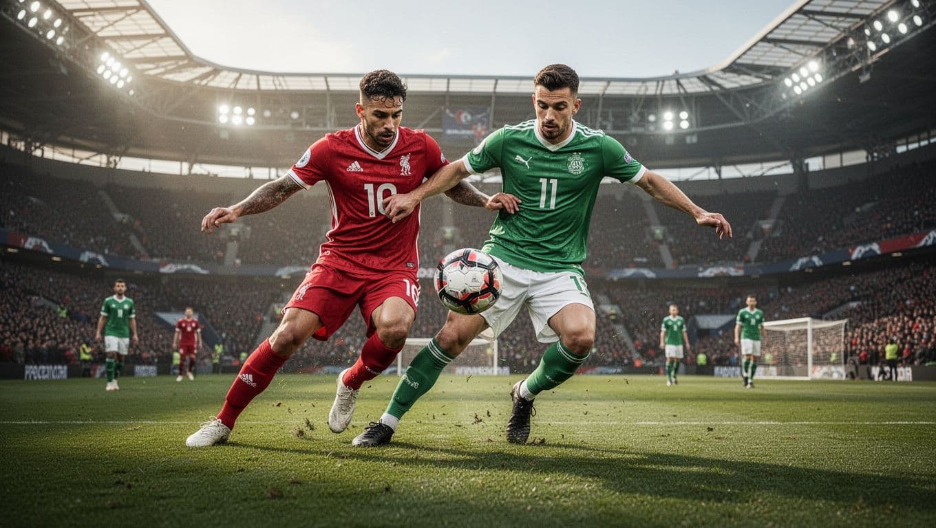 Dua pesepak bola profesional mengenakan jersey merah dan hijau sedang berduel ketat memperebutkan bola di tengah lapangan rumput stadion besar. Cahaya alami menyorot tajam ke arah aksi pemain yang penuh intensitas tinggi.