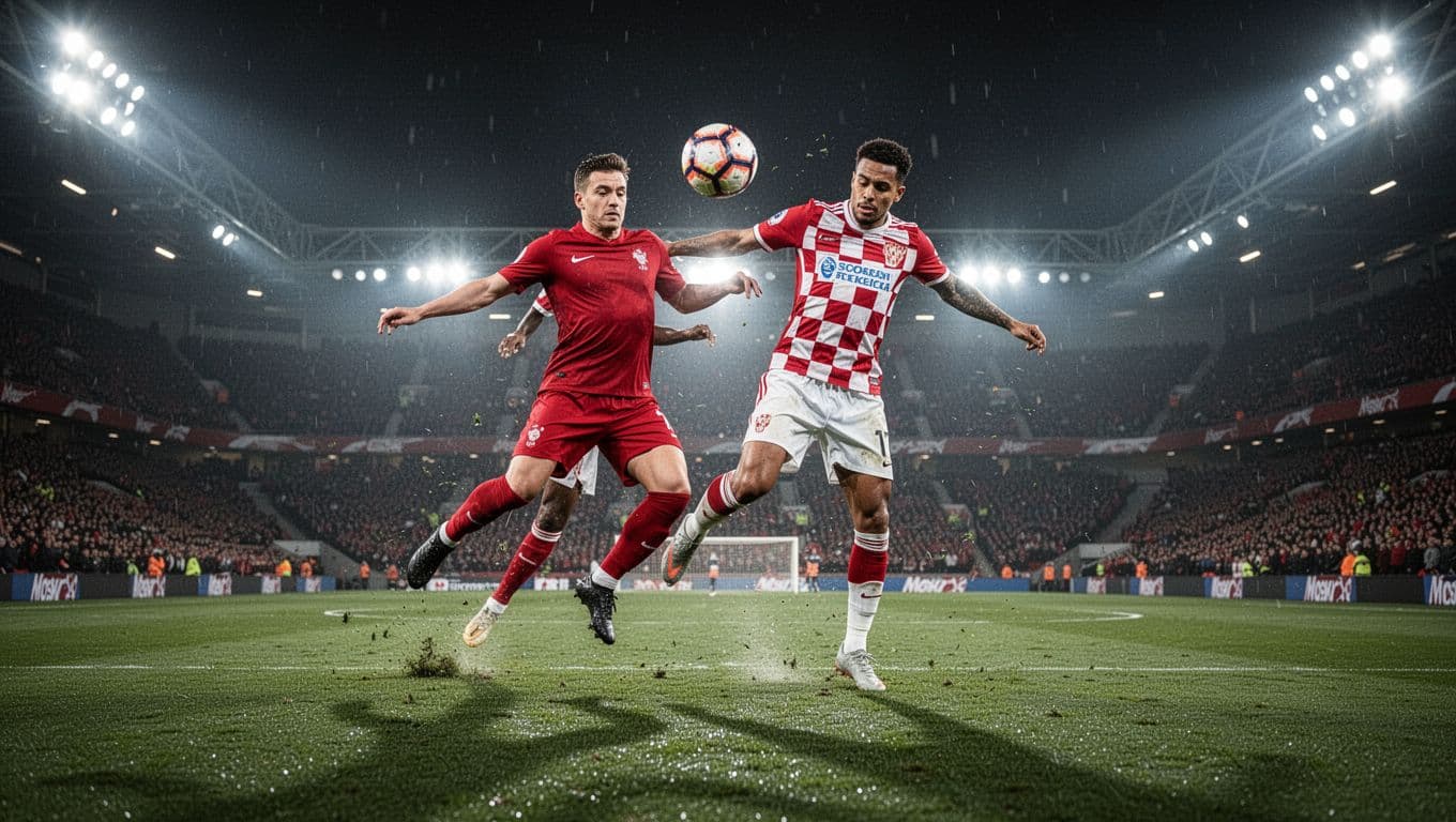 Dua pemain profesional mengenakan seragam merah dan kotak-kotak merah putih sedang berebut bola di tengah lapangan rumput stadion. Cahaya lampu sorot yang terang menyoroti aksi intens mereka pada malam hari.