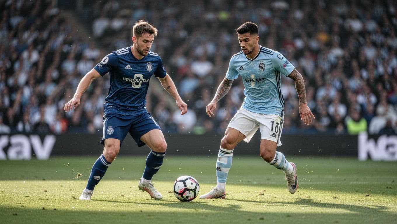 Dua pemain sepakbola dari tim berbeda sedang berhadapan di lapangan hijau stadion. Latar belakang menunjukkan penonton yang kabur di tribun, menciptakan suasana pertandingan yang sangat intens dan penuh semangat kompetitif.
