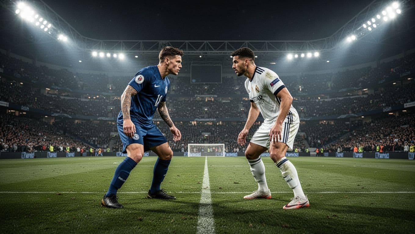 Dua atlet sepak bola mengenakan jersey kontras saling berhadapan di tengah lapangan rumput stadion besar. Lampu sorot malam hari menciptakan siluet tajam yang menonjolkan aksi atletis dan suasana kompetitif yang sangat intens.
