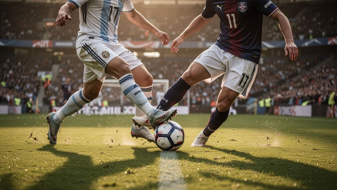 Dua pemain profesional bersaing ketat memperebutkan bola di tengah lapangan hijau yang luas. Fokus kamera tertuju pada gerakan kaki atlet yang intens dengan latar belakang penonton stadion yang samar dan dramatis.