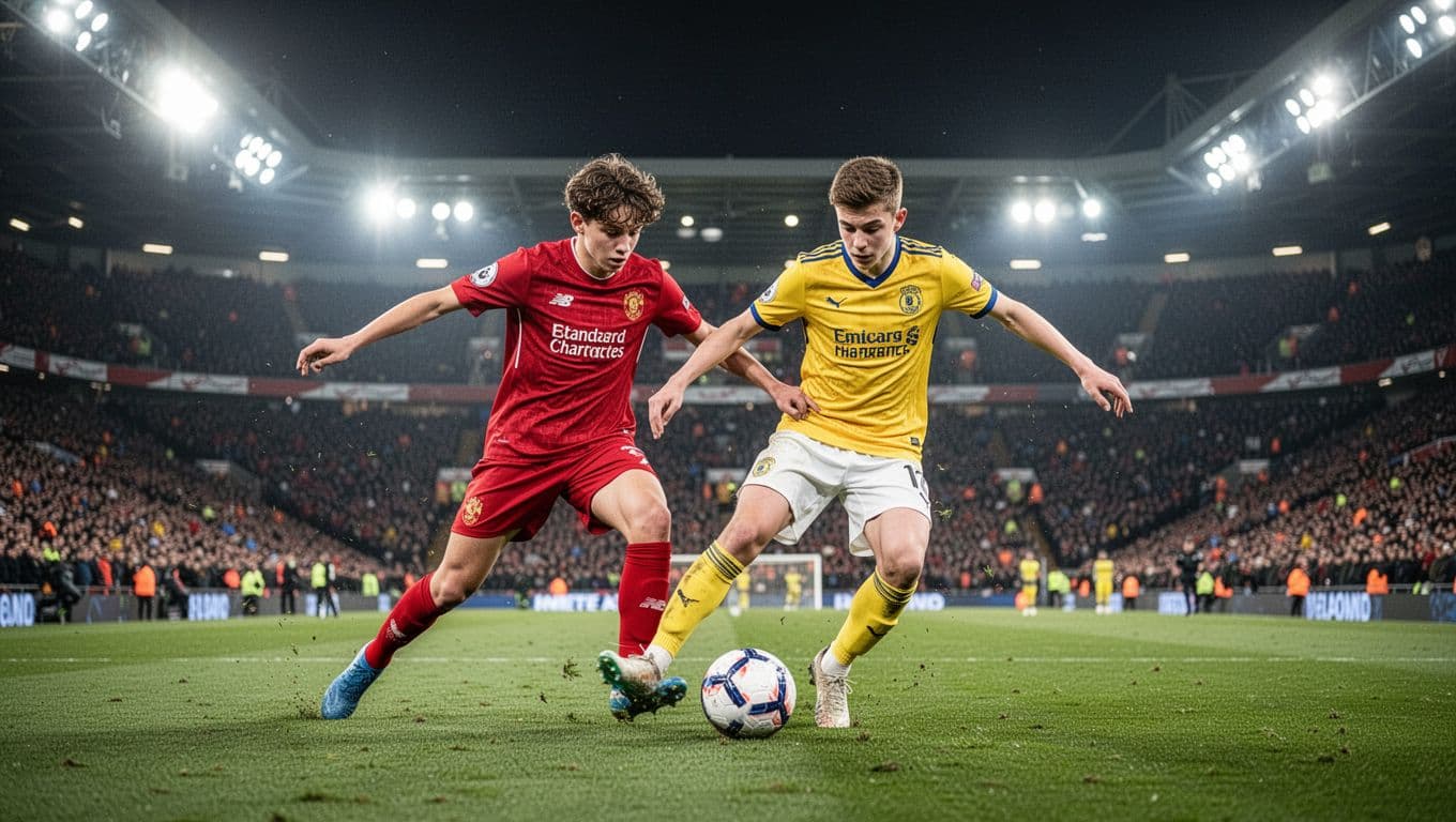 Dua pemain sepak bola berseragam merah dan kuning saling berebut bola dengan penuh semangat di lapangan hijau. Lampu sorot stadion menyinari aksi fisik mereka di depan tribun penonton yang sangat ramai.