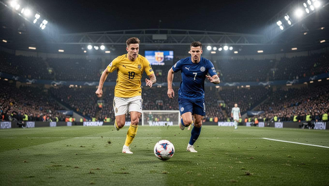 Seorang pesepak bola mengenakan seragam kuning Brasil dan lawannya berkostum biru Jepang sedang berlari mengejar bola di tengah lapangan hijau. Cahaya lampu stadion menerangi arena pertandingan dengan penonton yang terlihat kabur.