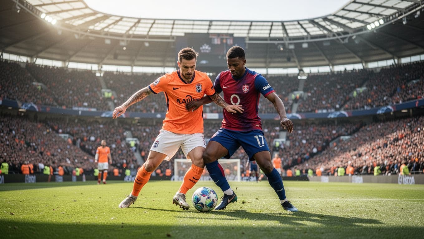 Dua pemain sepak bola dari tim lawan berebut penguasaan bola di tengah lapangan saat pertandingan berlangsung. Latar belakang stadion yang penuh penonton terlihat buram untuk menonjolkan intensitas aksi para atlet tersebut.
