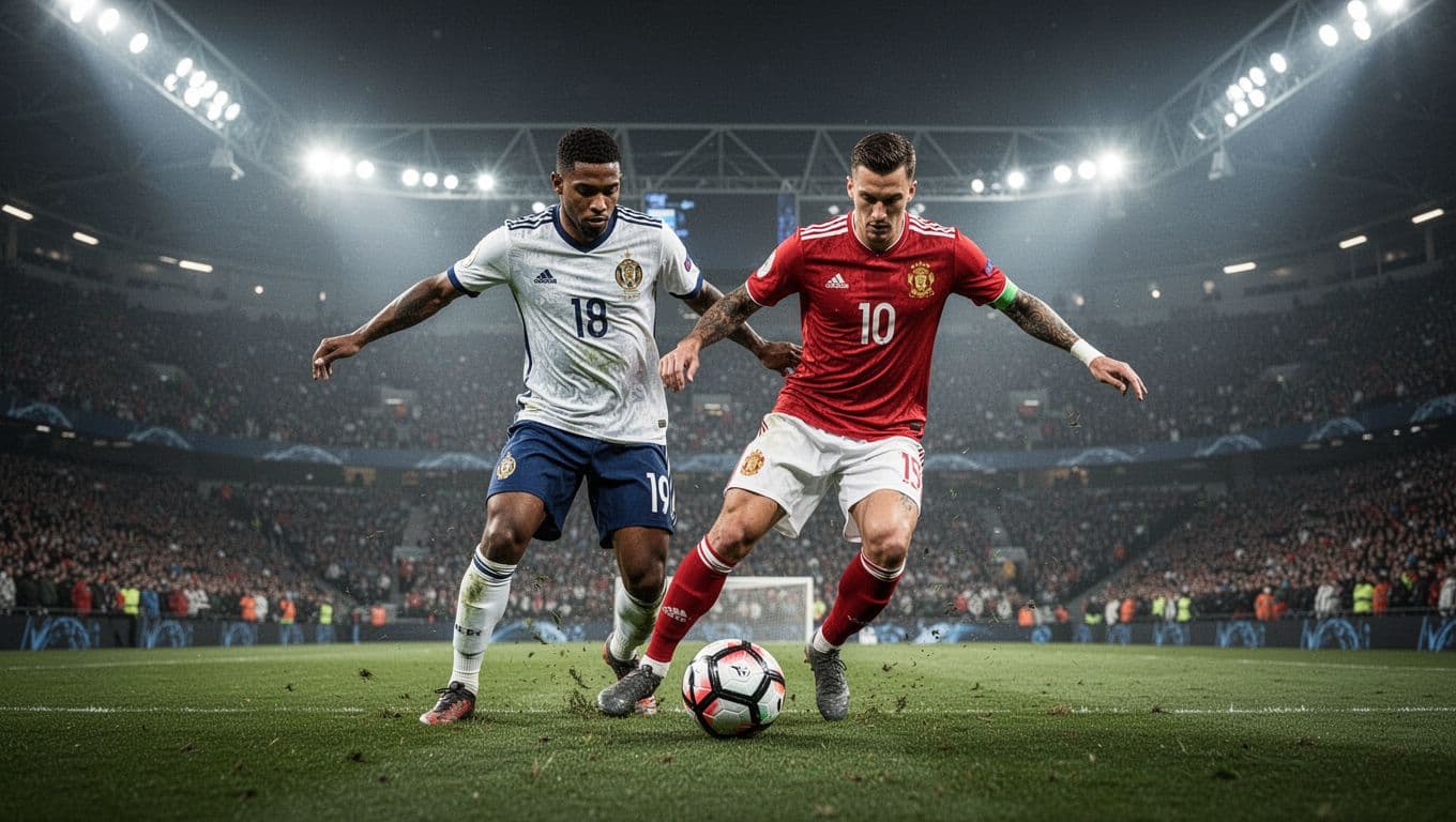 Dua pemain sepak bola profesional dari tim nasional Spanyol dan Portugal sedang berebut penguasaan bola di tengah stadion besar. Latar belakang penonton yang samar menciptakan suasana pertandingan yang sangat intens dan kompetitif.