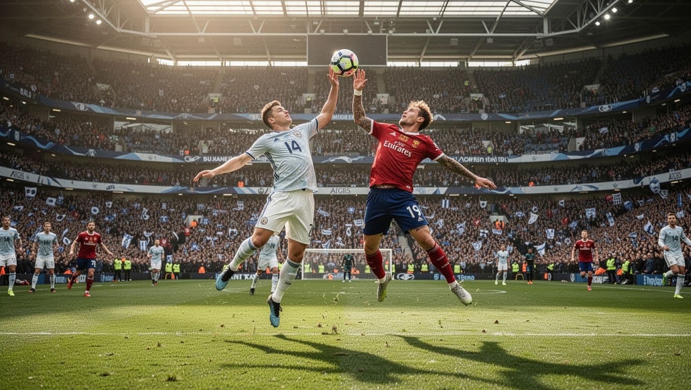 Dua pesepak bola dari klub rival bersaing ketat memperebutkan bola di tengah lapangan rumput hijau yang luas. Latar belakang stadion besar yang penuh sesak oleh penonton menciptakan atmosfer pertandingan yang sangat megah.
