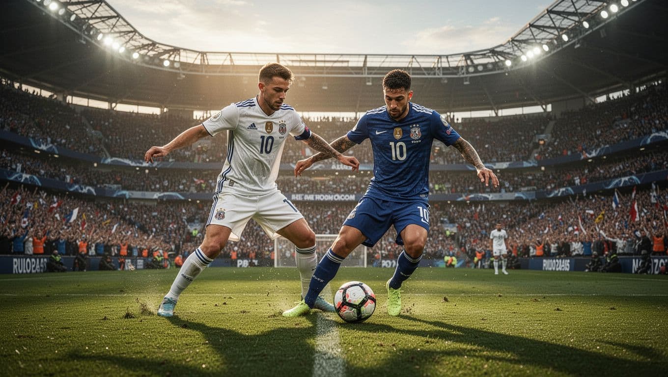 Dua pesepak bola profesional dari tim berbeda saling beradu fisik memperebutkan bola di tengah stadion megah. Cahaya sore yang keemasan menciptakan bayangan dramatis di atas hamparan rumput hijau yang sangat detail.