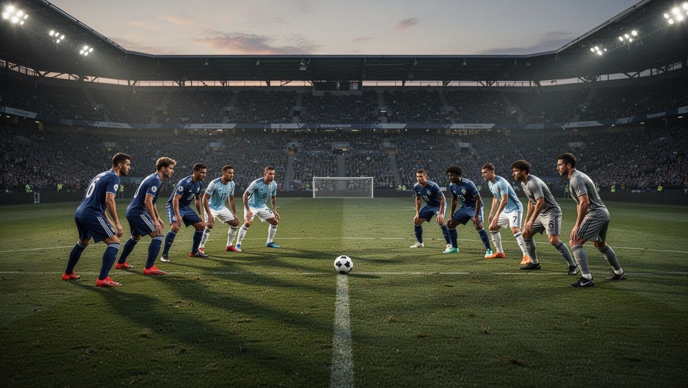 Dua kesebelasan berhadapan di lapangan stadion luas saat senja. Fokus utama tertuju pada posisi pemain di lini tengah yang sedang mengatur strategi ketat sebelum bola digulirkan dalam pertandingan penentuan.