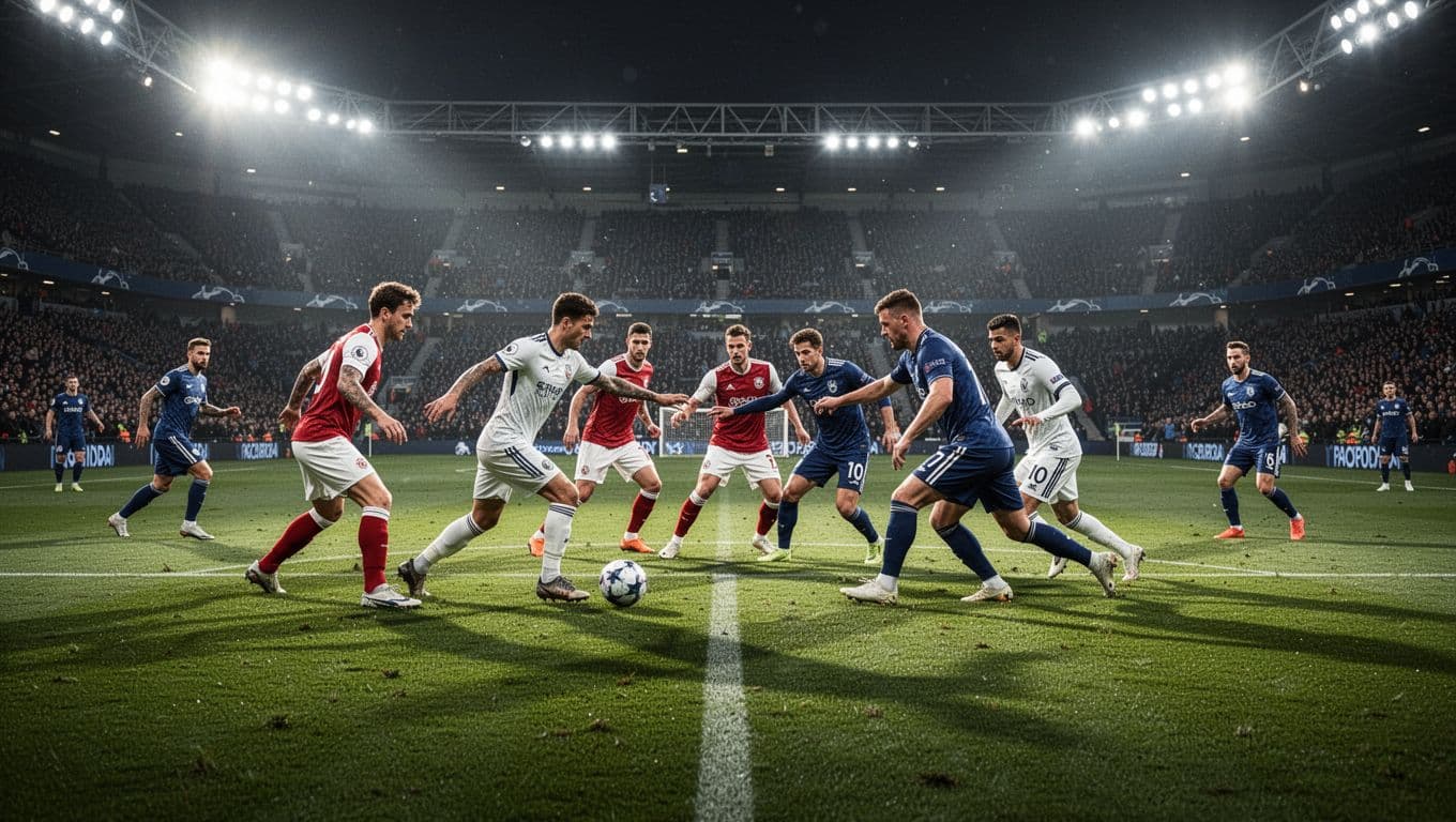 Dua pemain sepak bola dengan jersey berbeda saling berhadapan untuk memperebutkan bola di tengah lapangan. Cahaya lampu stadion menyorot tajam ke arah aksi atletis para pemain di bawah rumput yang tampak basah.
