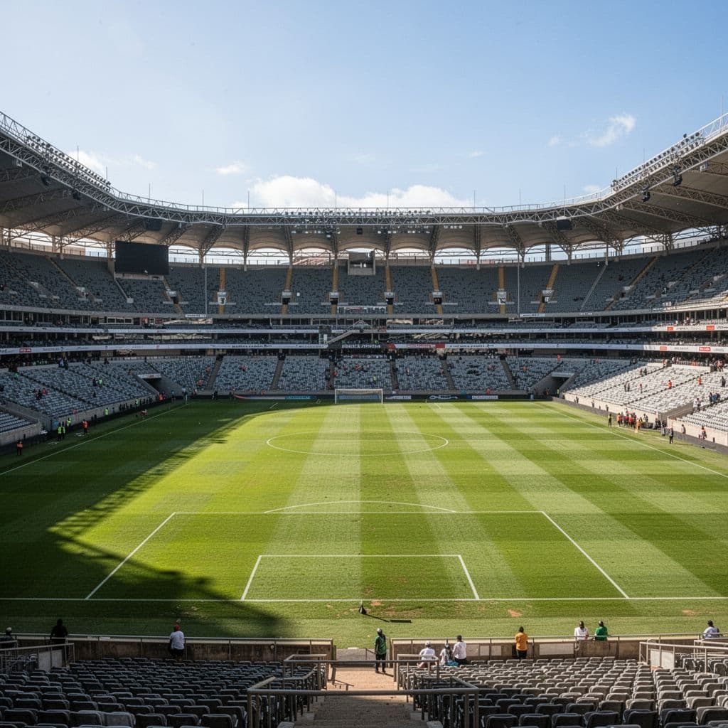 A bright, sunny view of a professional football pitch with expansive seating in a Durban stadium.