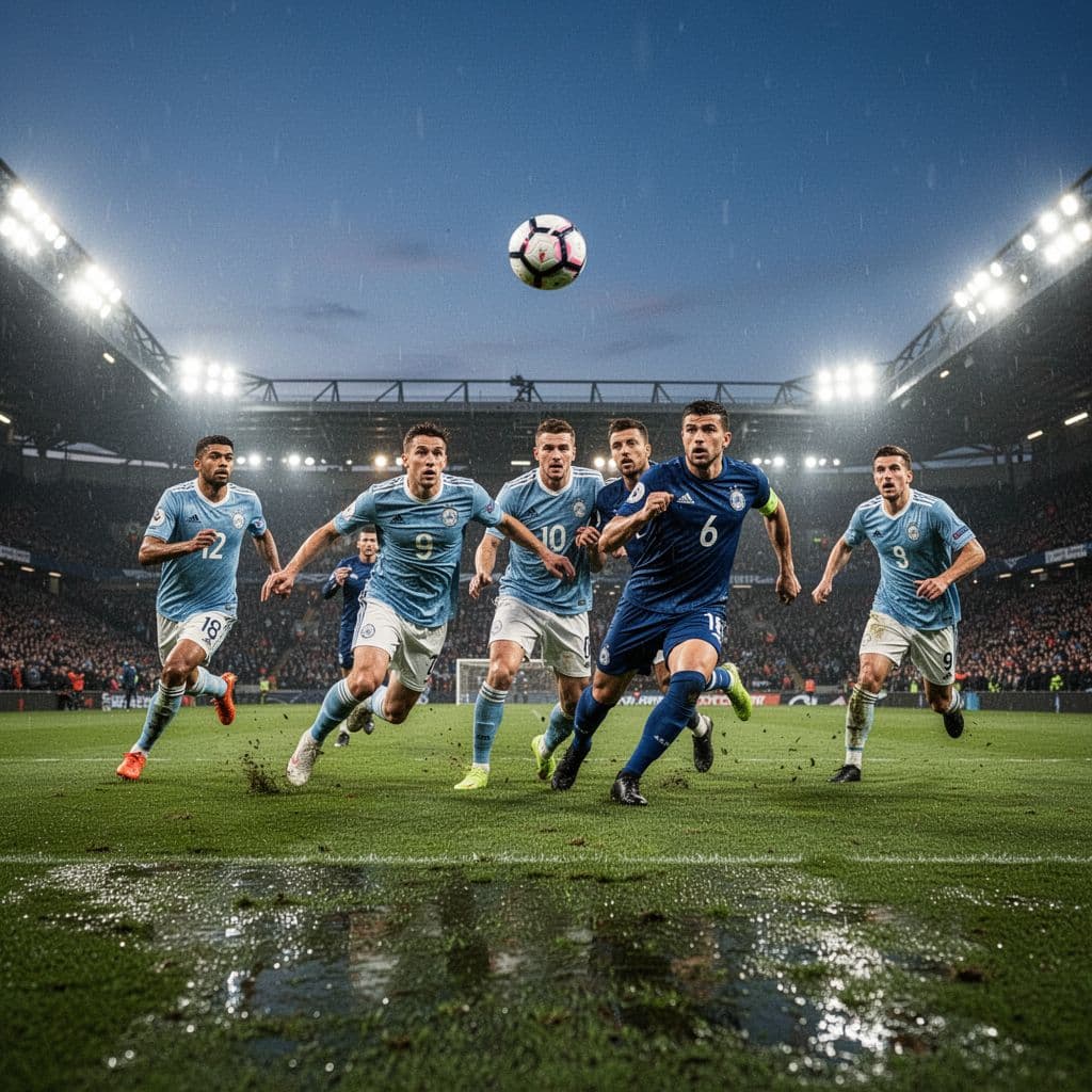 Players compete for the ball on a green pitch at dusk under stadium lights.