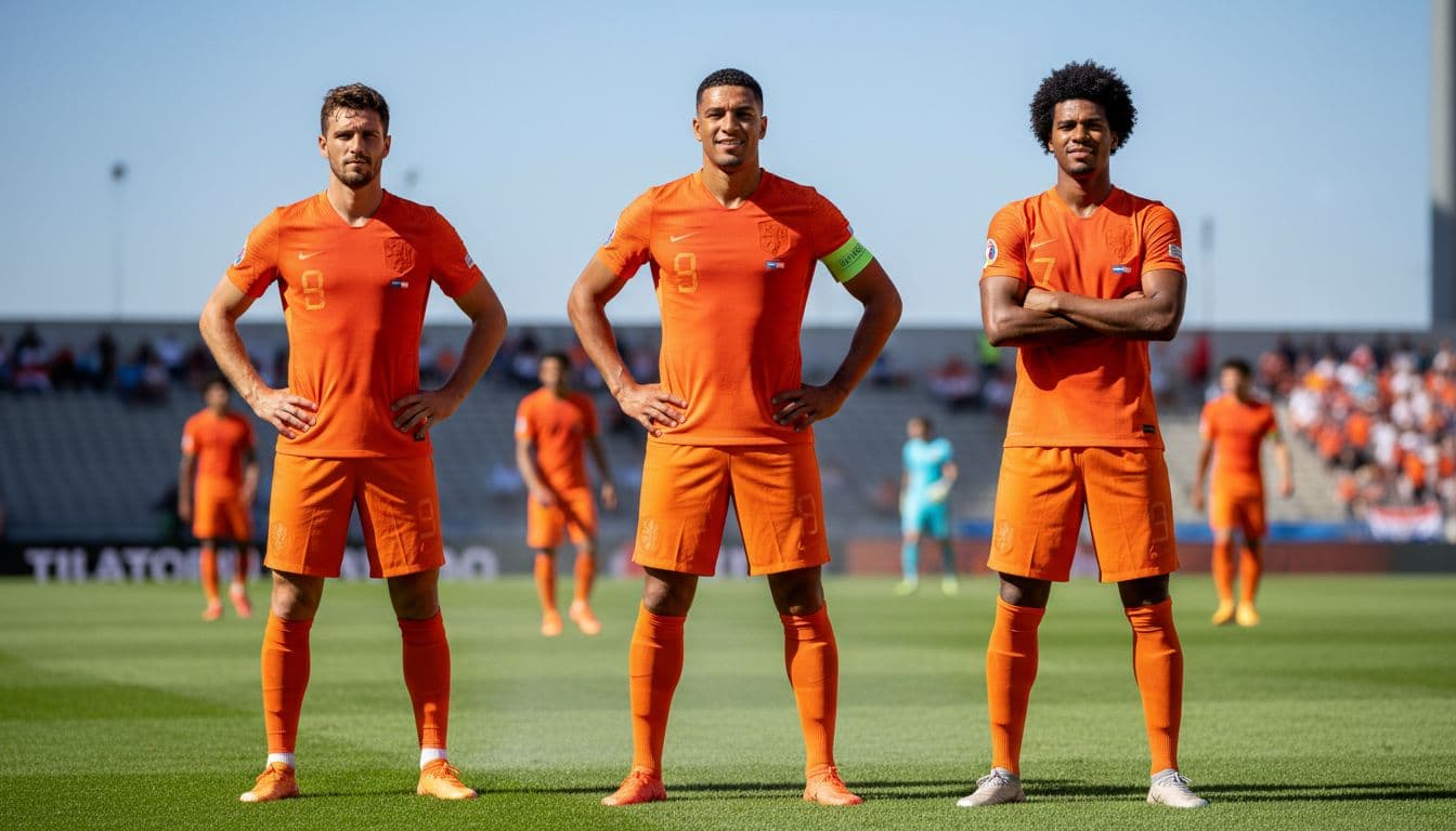 Three athletic Dutch football players in vibrant orange kits stand together on a manicured professional grass pitch. They exhibit confident expressions and powerful stances under a clear and bright afternoon sky.