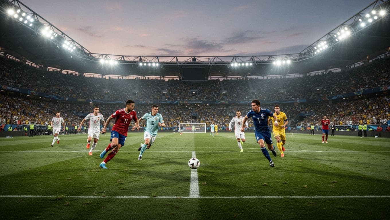 Two teams in contrasting jerseys compete on a lush green pitch under glowing stadium floodlights at dusk. The expansive field features a central ball, surrounded by a vibrant, cheering crowd.