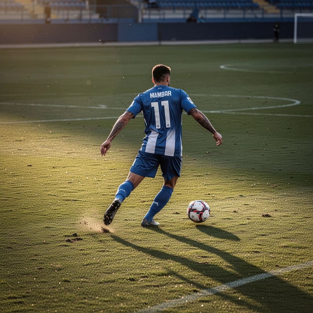 A professional football player stands on a grassy field at sunset, ready to kick the ball.
