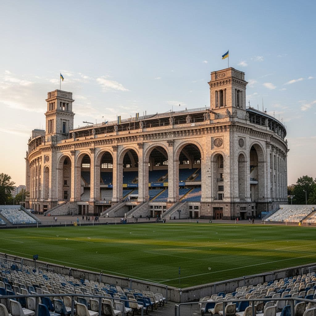 The exterior of a large classic stadium in Kyiv under the soft natural light of a late afternoon.