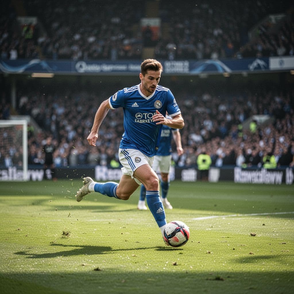 A football player in a blue and white jersey sprints across a lush green stadium field.