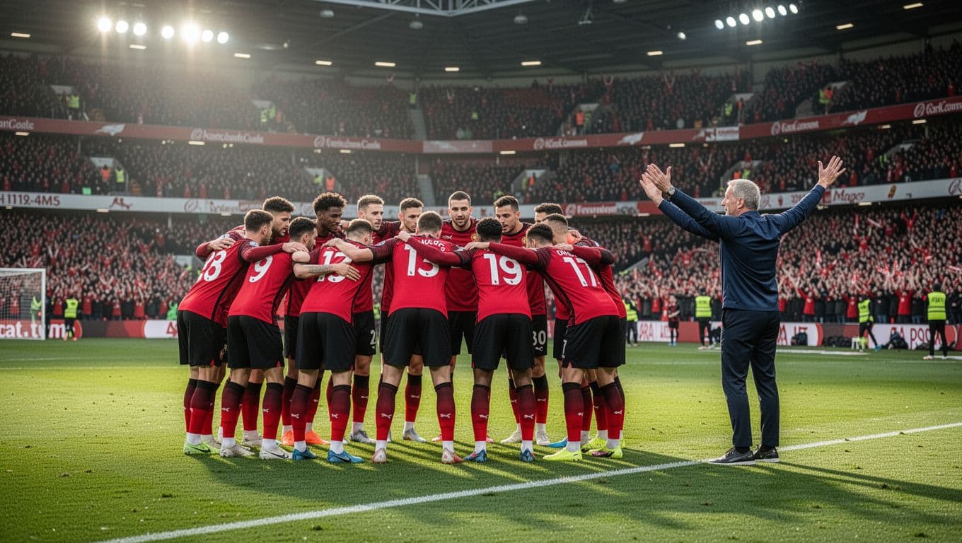 EC Vitória players in red-black jerseys form compact defense at Barradão stadium, coach Jair Ventura gestures with arms raised amid packed cheering stands.