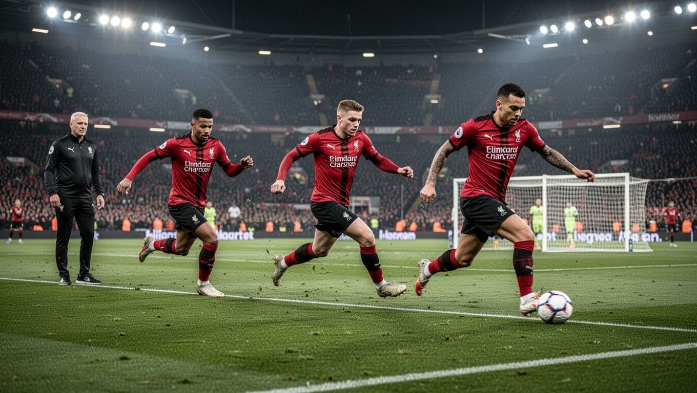 Winger dribbles on right wing in red-black jersey, forward runs diagonally into penalty area, midfielder supports, coach Jair Ventura watches from touchline.