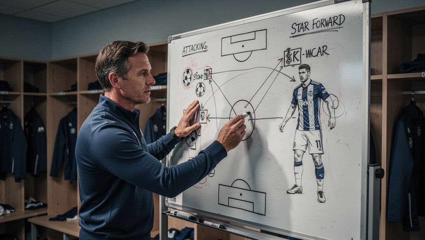 A focused coach marks attacking formations onto a wall-mounted whiteboard within a stadium locker room. His hand holds a marker near a schematic illustrating strategic positioning for a star striker.