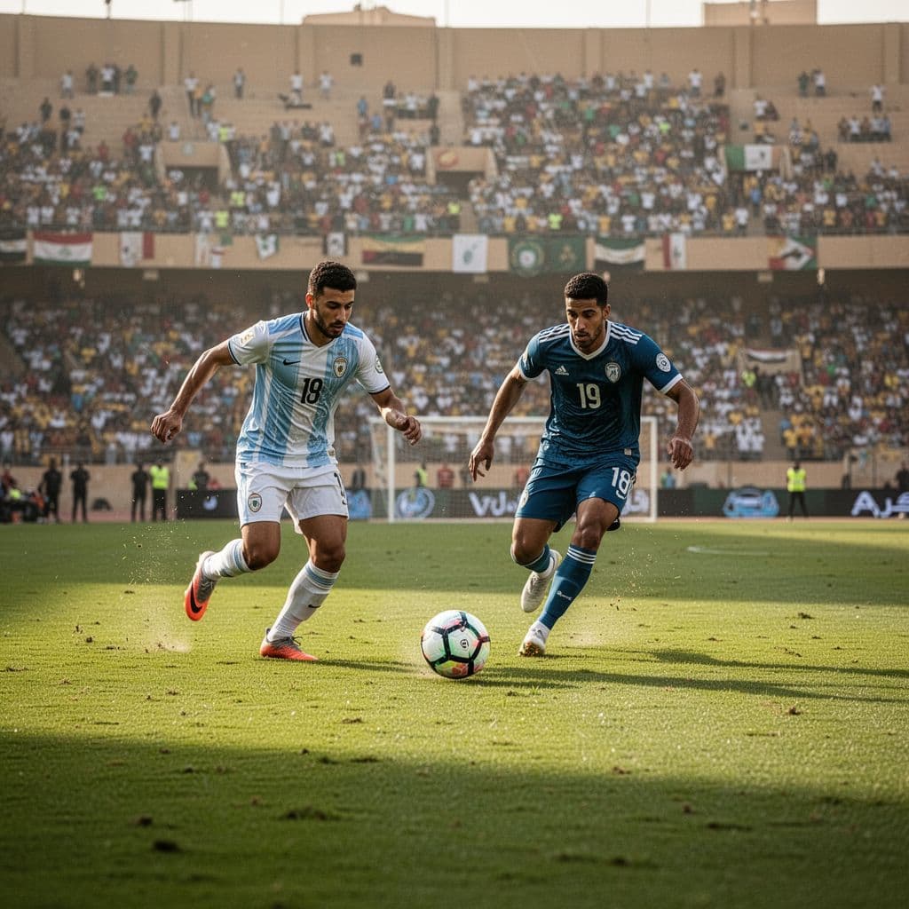 Two players contest a football on the field in a daytime Egyptian stadium with blurred crowd.