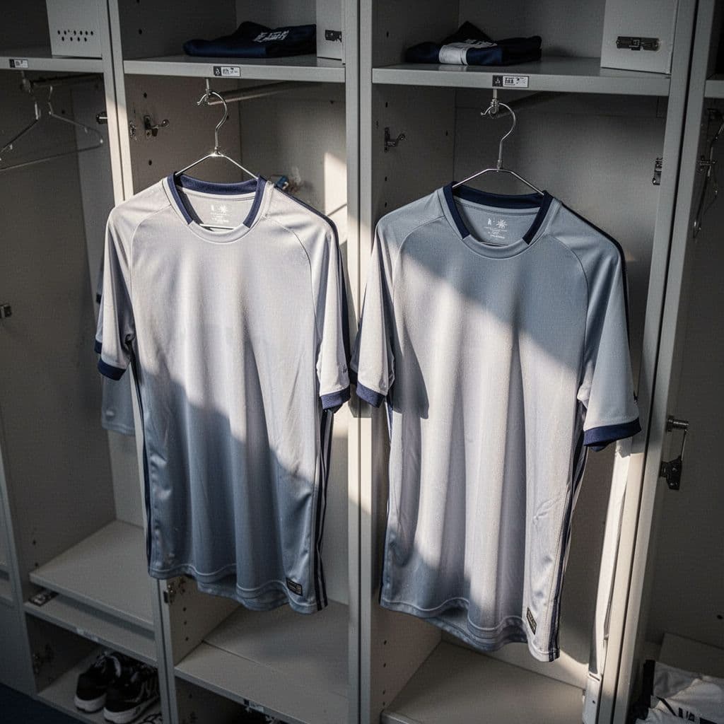 Three colorful soccer jerseys hang neatly in a professional sports locker room setting.