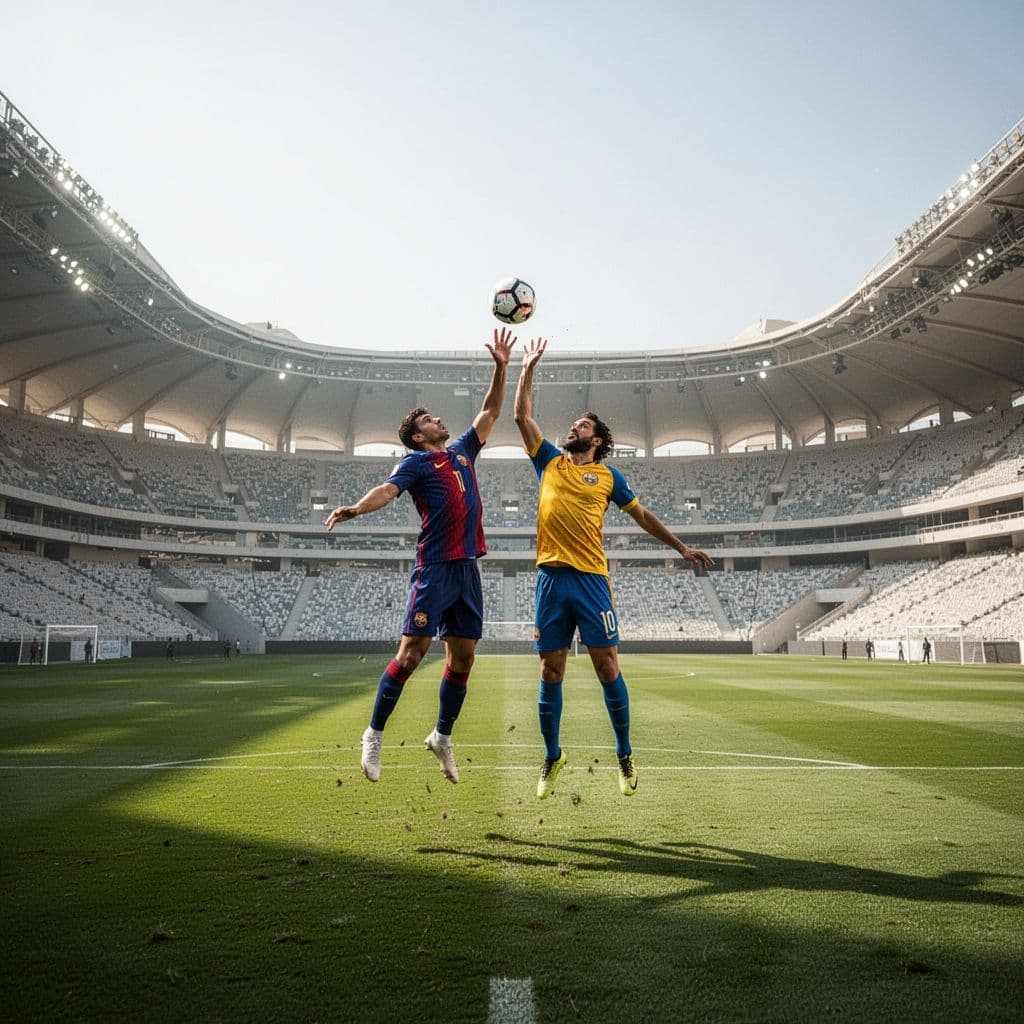 Two teams in colorful jerseys play on green grass in modern Egyptian stadium.