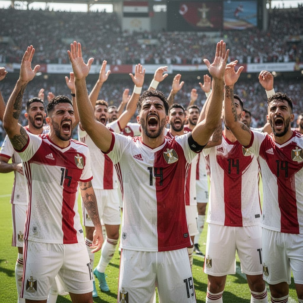 Beberapa pemain timnas Mesir merayakan kemenangan di lapangan hijau setelah pertandingan.