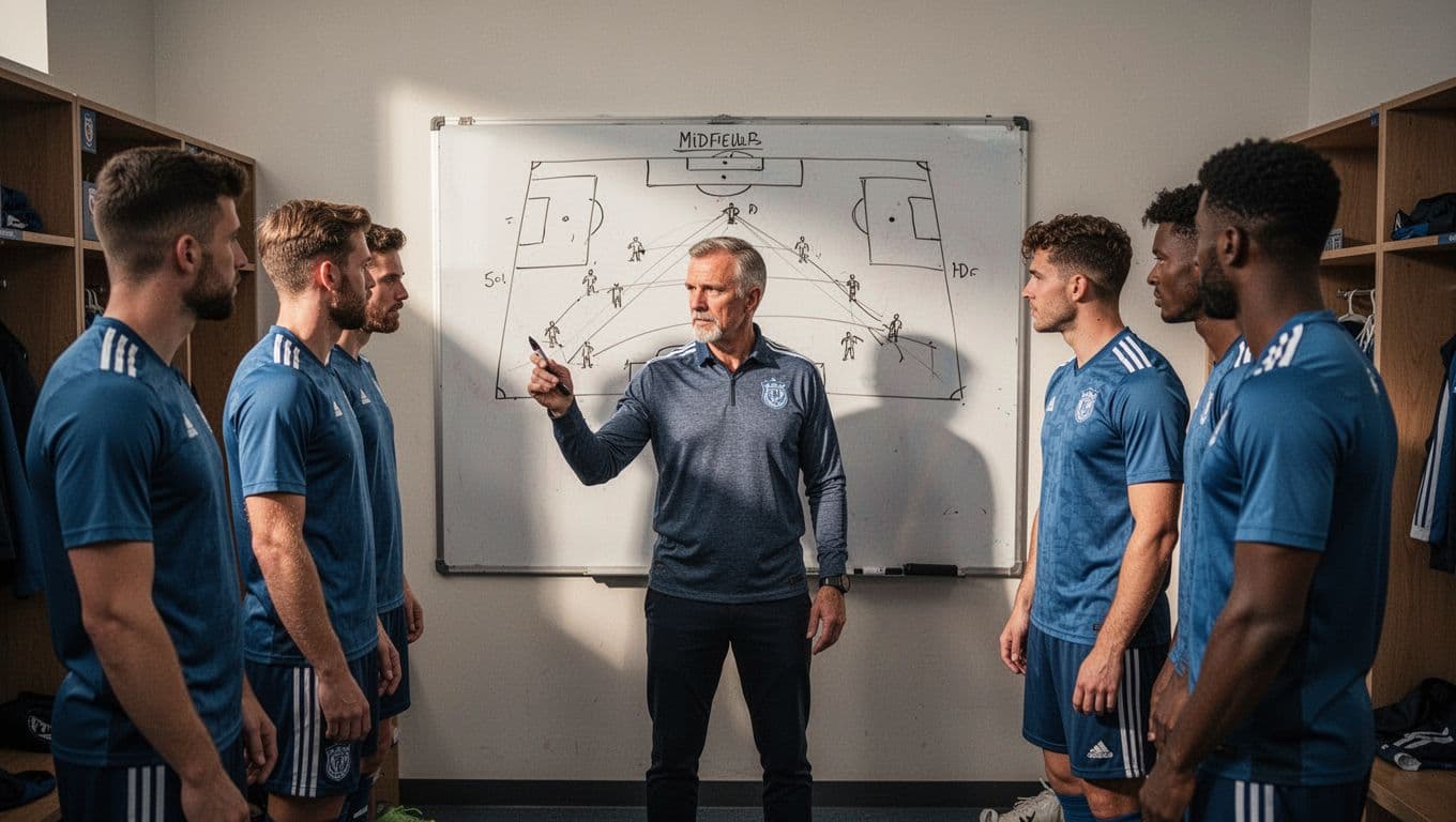 Coach draws compact defensive lines on locker room whiteboard as five players listen intently.