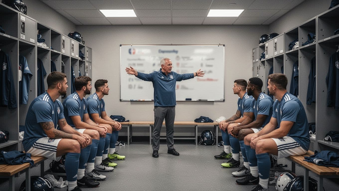 Coach points at blurred tactics board in locker room, five players seated listening attentively.