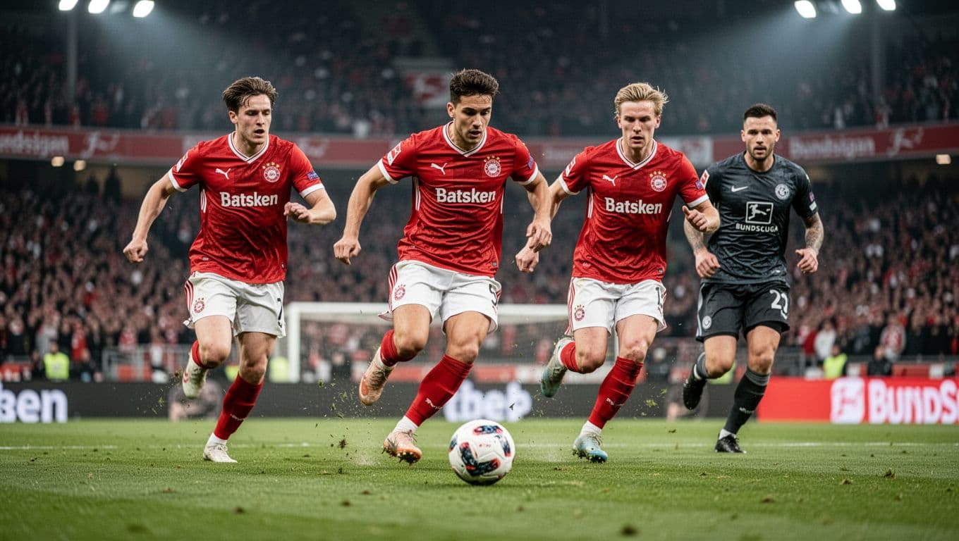 Three Eintracht Frankfurt players sprint forward with ball as defender chases in evening stadium.