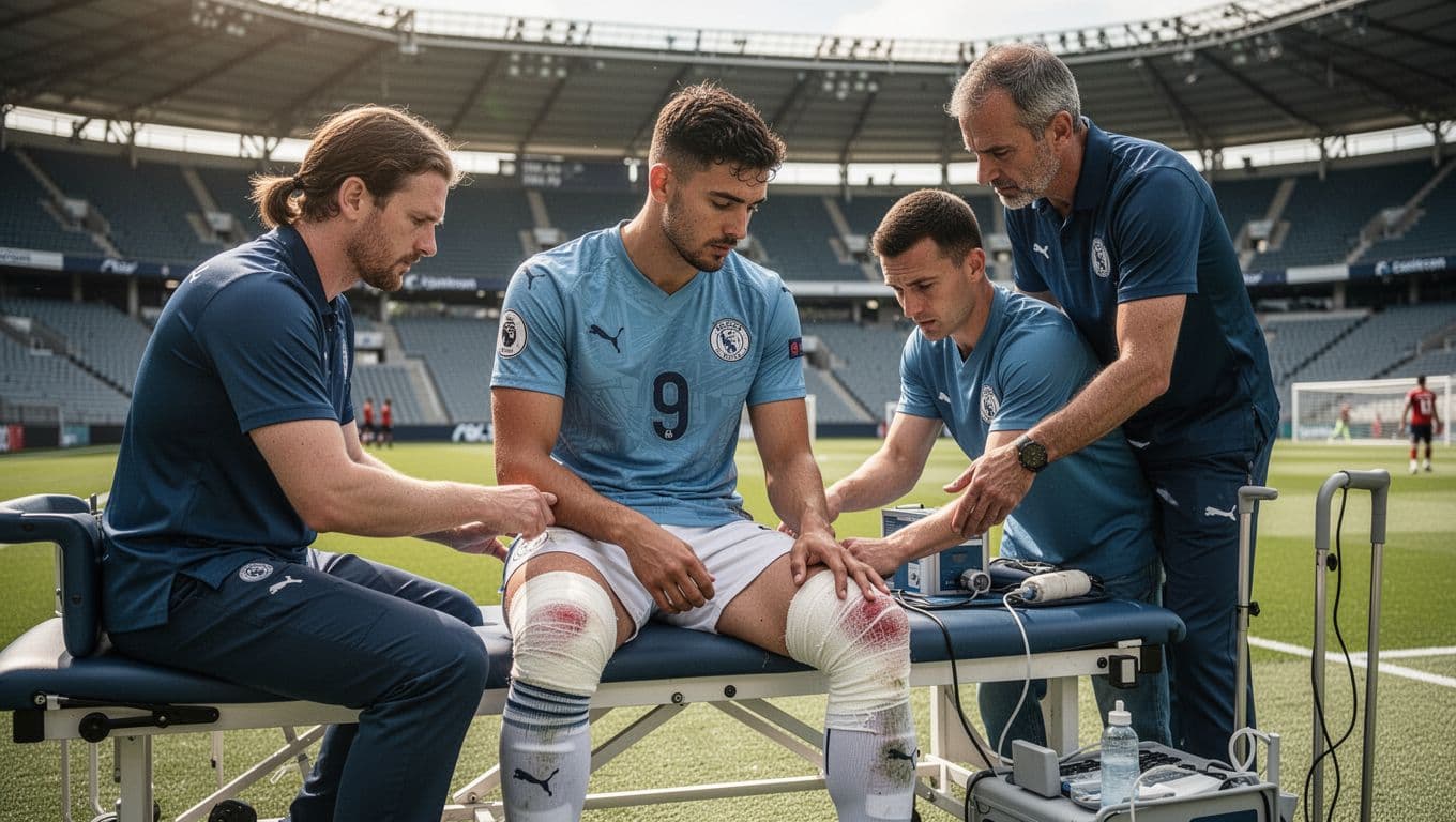 Eintracht Frankfurt defender with bandaged knee sits on medical bench as physiotherapist checks injury and coach watches from sideline with stadium behind.