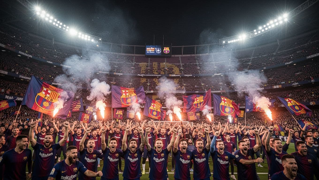Packed Spotify Camp Nou stadium shows Barcelona fans in blue-red section cheering with flares and flags under bright floodlights.