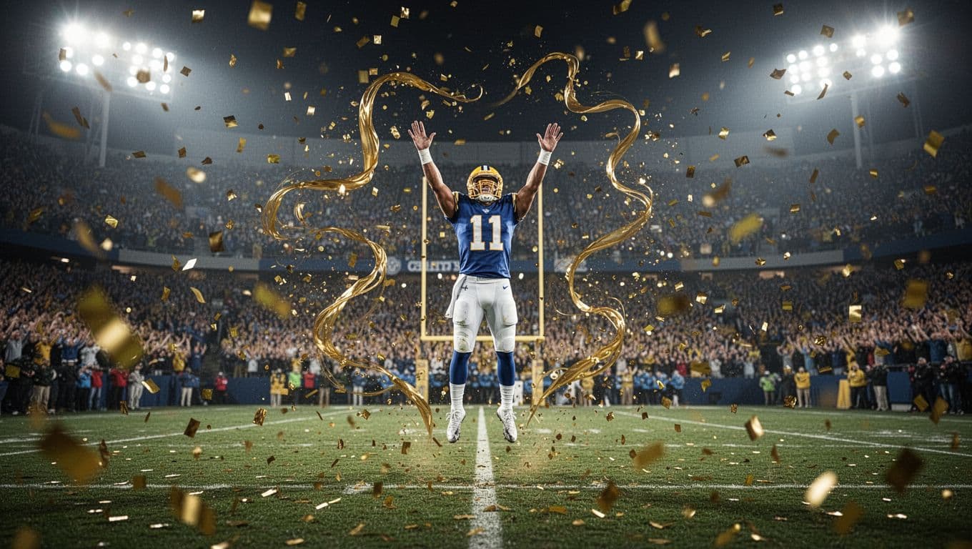Central player jumps arms raised celebrating goal before blurred roaring crowd, golden confetti flies under night stadium lights.