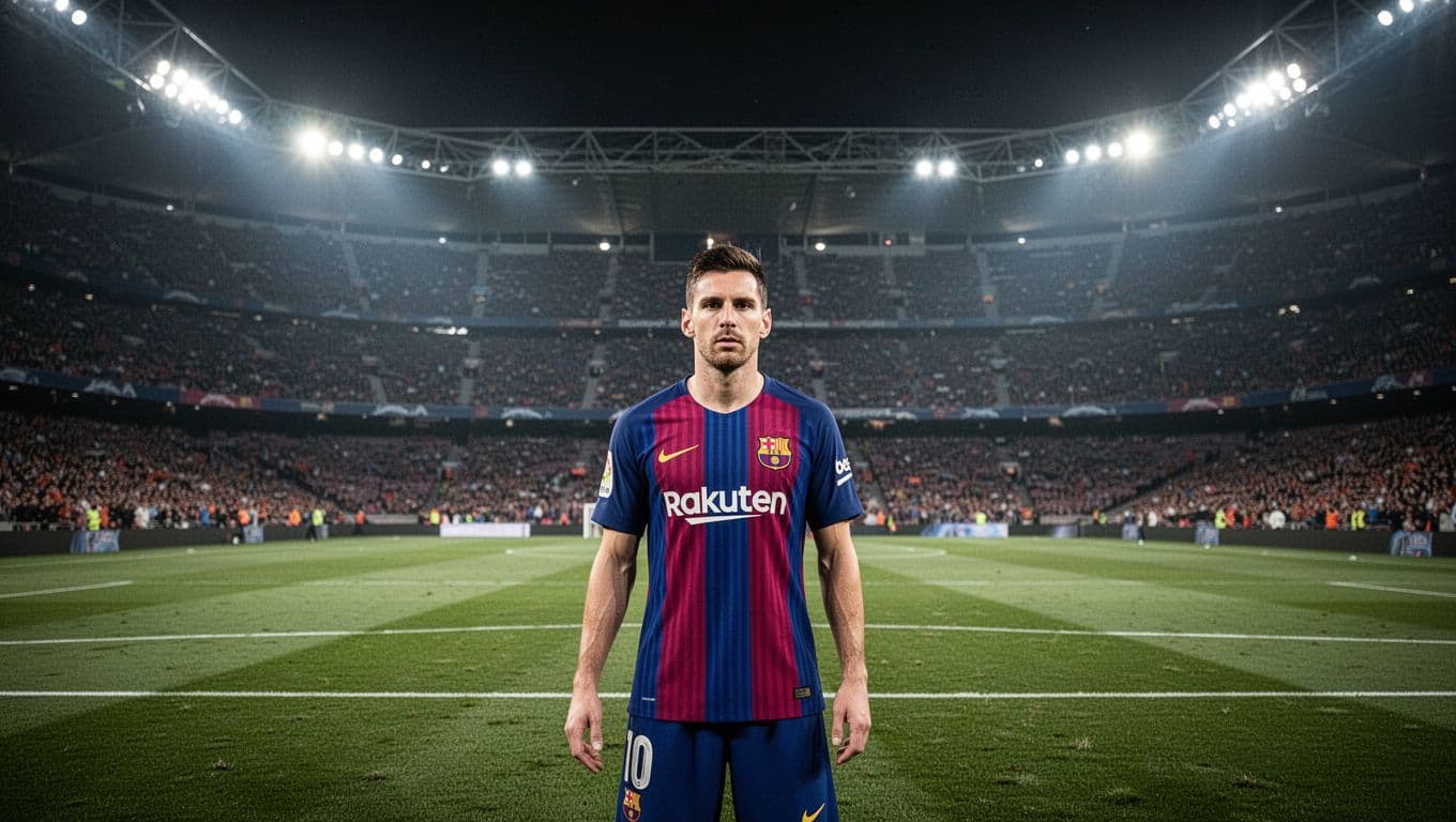 Focused football player in blue-red striped jersey stands on green pitch in brightly lit night stadium with blurred crowd.