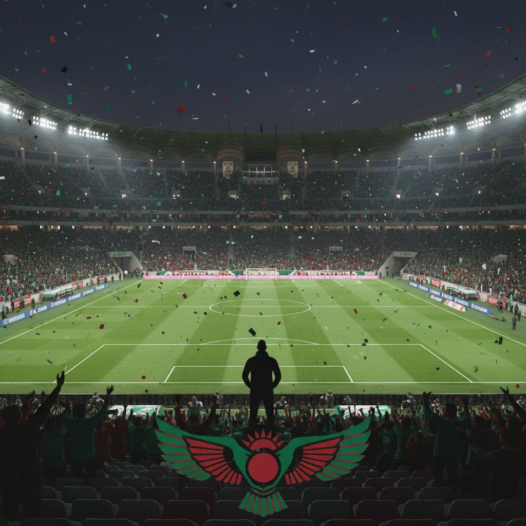 Person stands overlooking green and red soccer pitch in Cairo stadium.